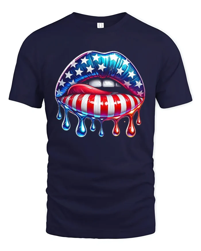 American Flag Dripping Lips Tee Bold Patriotic Art T Shirt - navy t-shirt on white background
