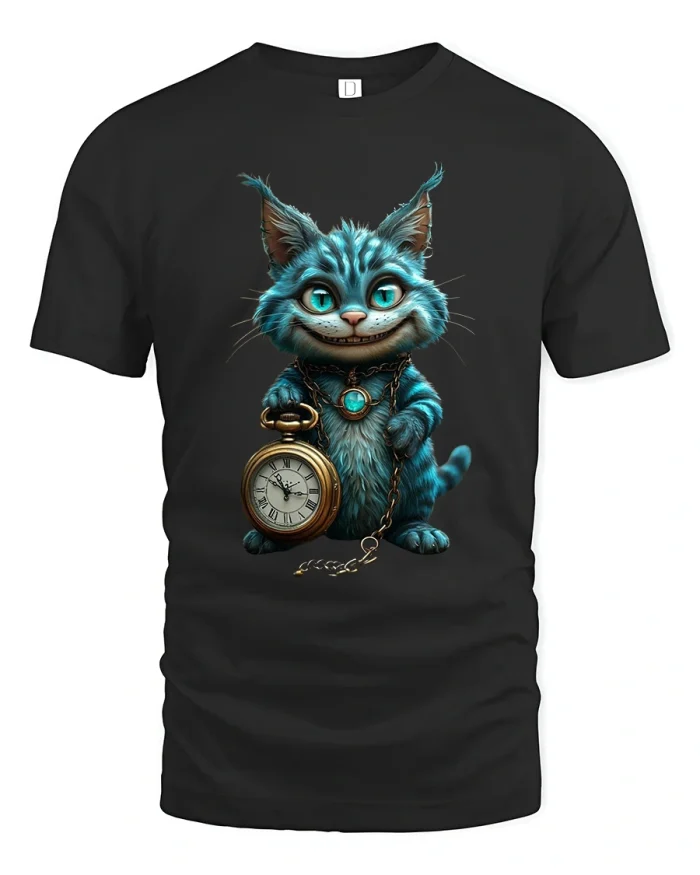 Whimsical Blue Cat Pocket Watch Fantasy Art T Shirt - black t-shirt on white background