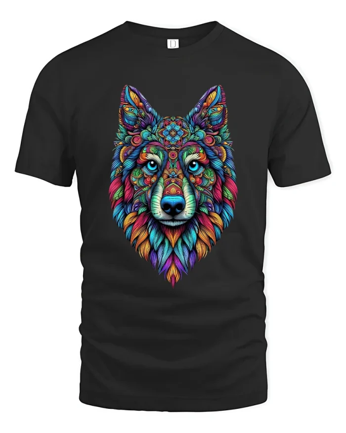 Colorful Mandala Wolf Graphic Art Illustration T Shirt - black t-shirt on white background