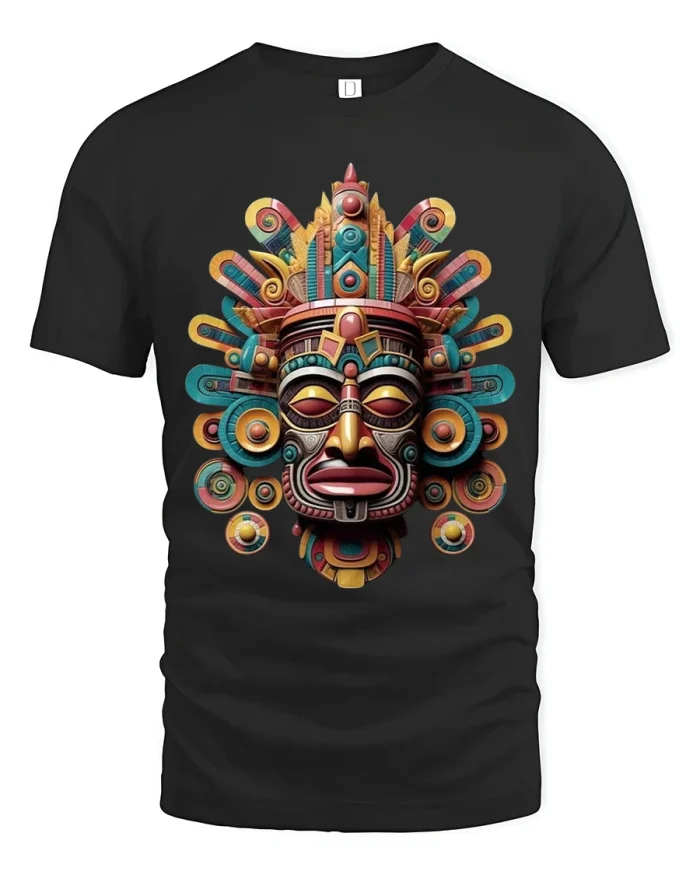 Ancient Tribal Mask Symbolic Aztec Inspired Graphic Art T Shirt - black t-shirt on white background