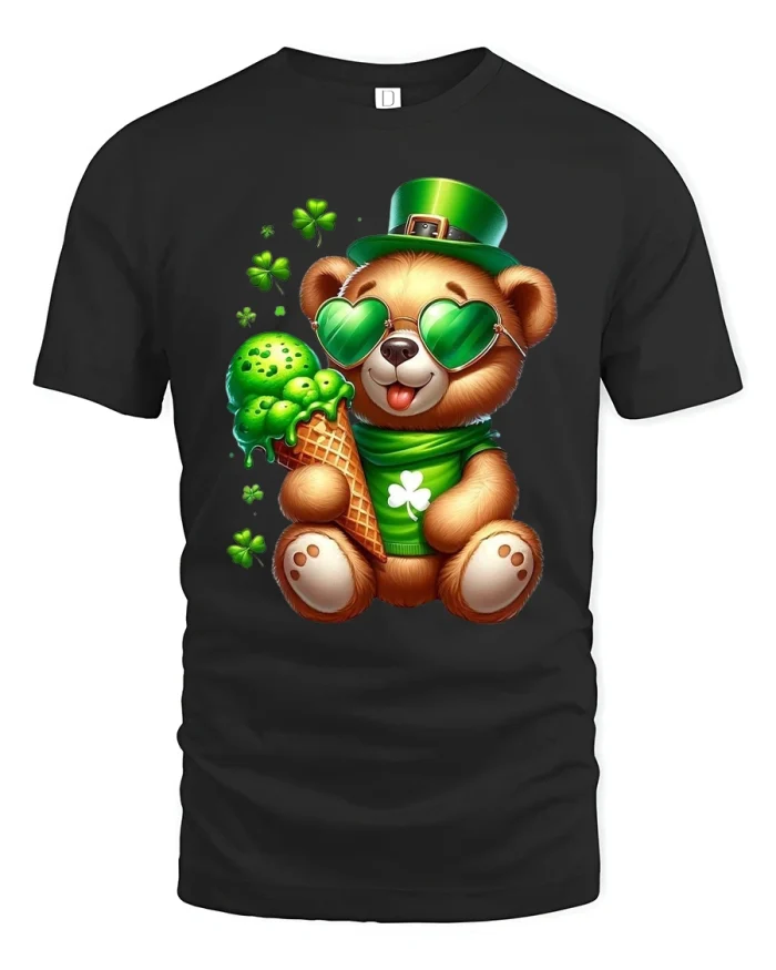 Cute St Patrick Bear Ice Cream Clover Funny Graphic T Shirt - black t-shirt on white background