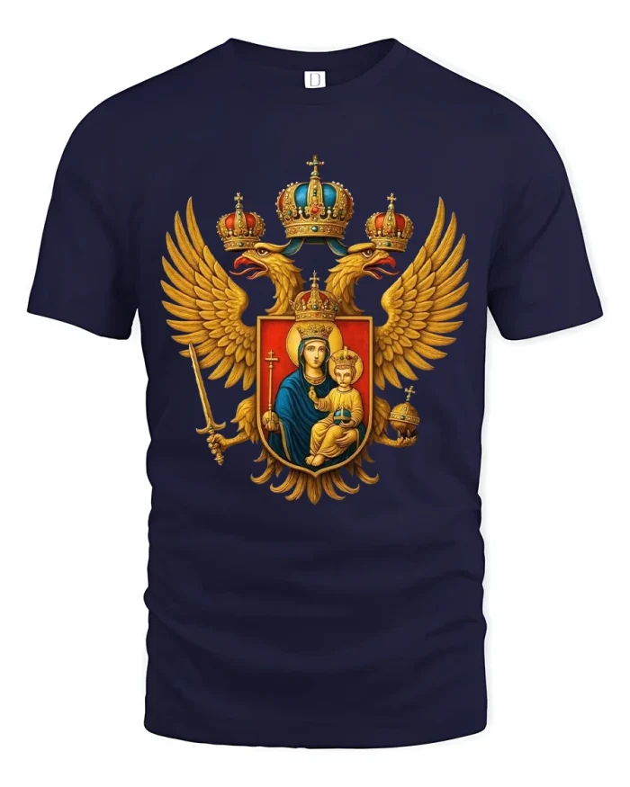 Royal Double Eagle Madonna Icon Byzantine Style Graphic T Shirt - navy t-shirt on white background