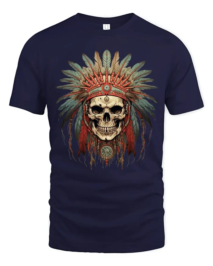 Tribal Skull Headdress Warrior Spirit Dark Graphic Art T Shirt - navy t-shirt on white background