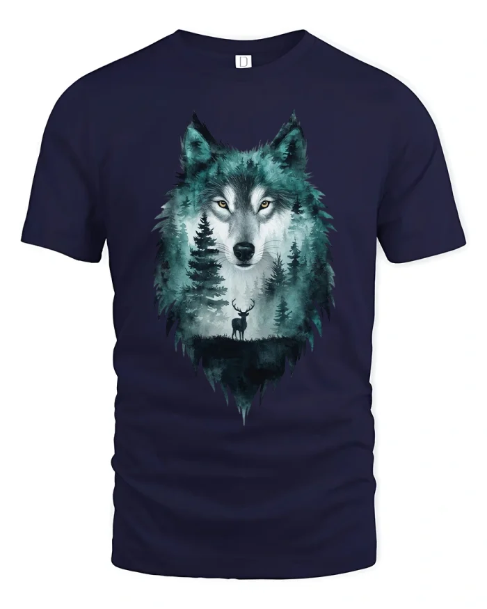 Mystic Forest Wolf Spirit Double Exposure Nature Art T Shirt - navy t-shirt on white background