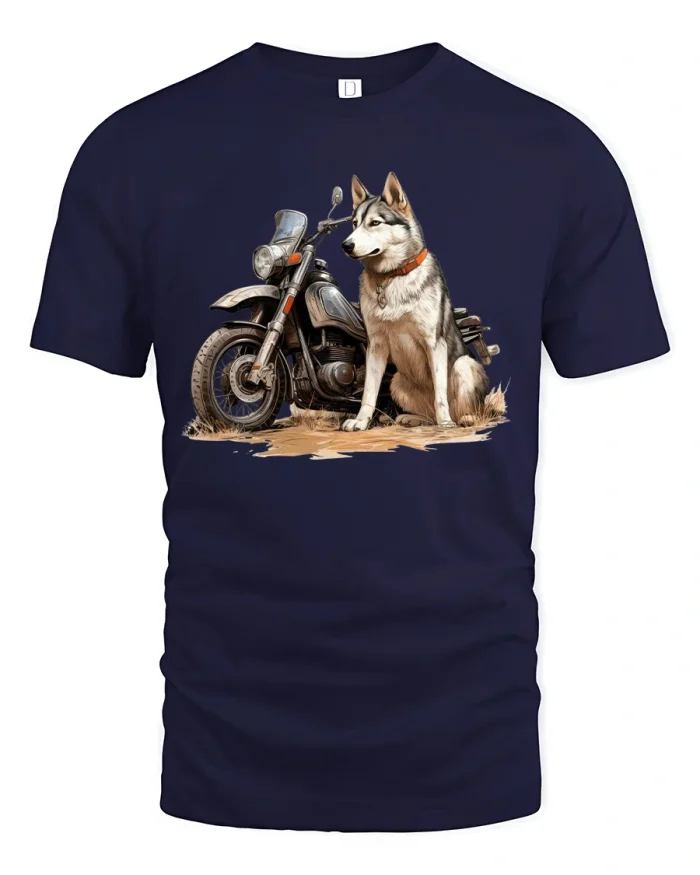 Cool Husky Motorcycle Rider Adventure Spirit Graphic T Shirt - navy t-shirt on white background