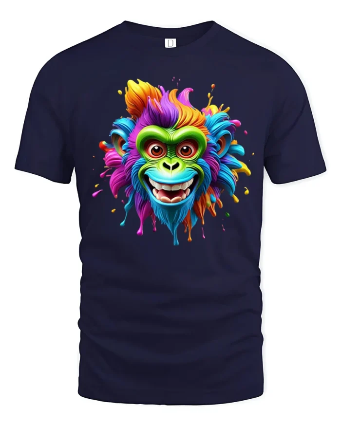 Colorful Funky Monkey Face Splash Paint Funny Graphic T Shirt - navy t-shirt on white background