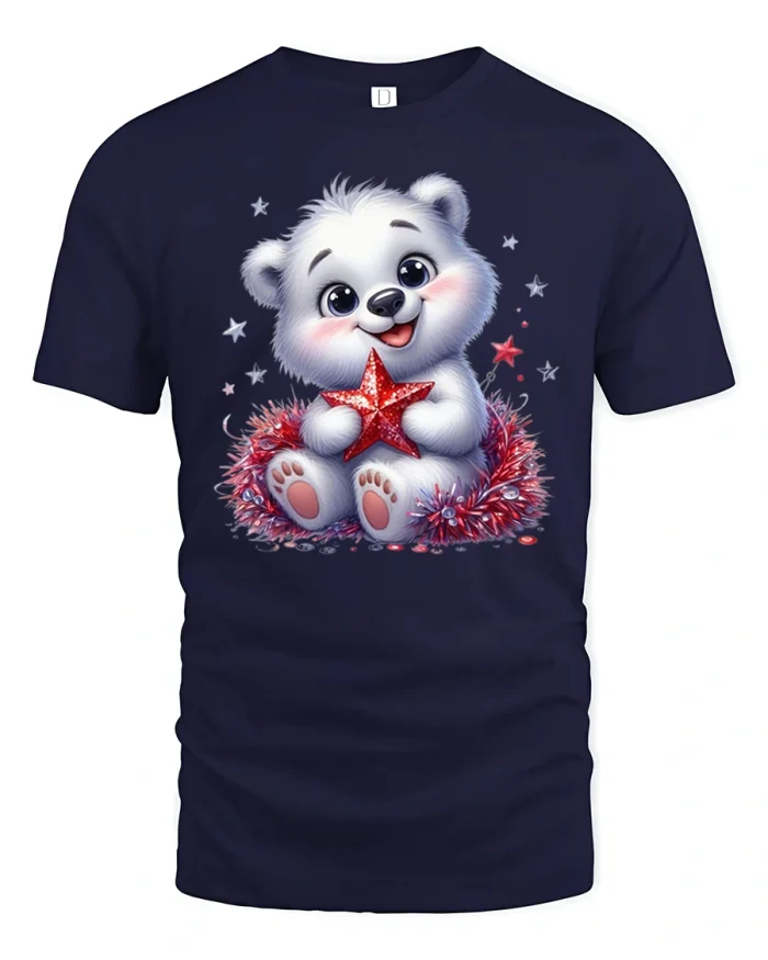 Cute Fluffy Bear Holding Star Adorable Cartoon Graphic T Shirt - navy t-shirt on white background