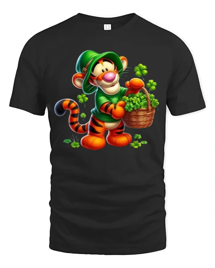 Lucky Clover Tiger Graphic Tee Cute Cartoon Irish Style Art - black t-shirt on white background