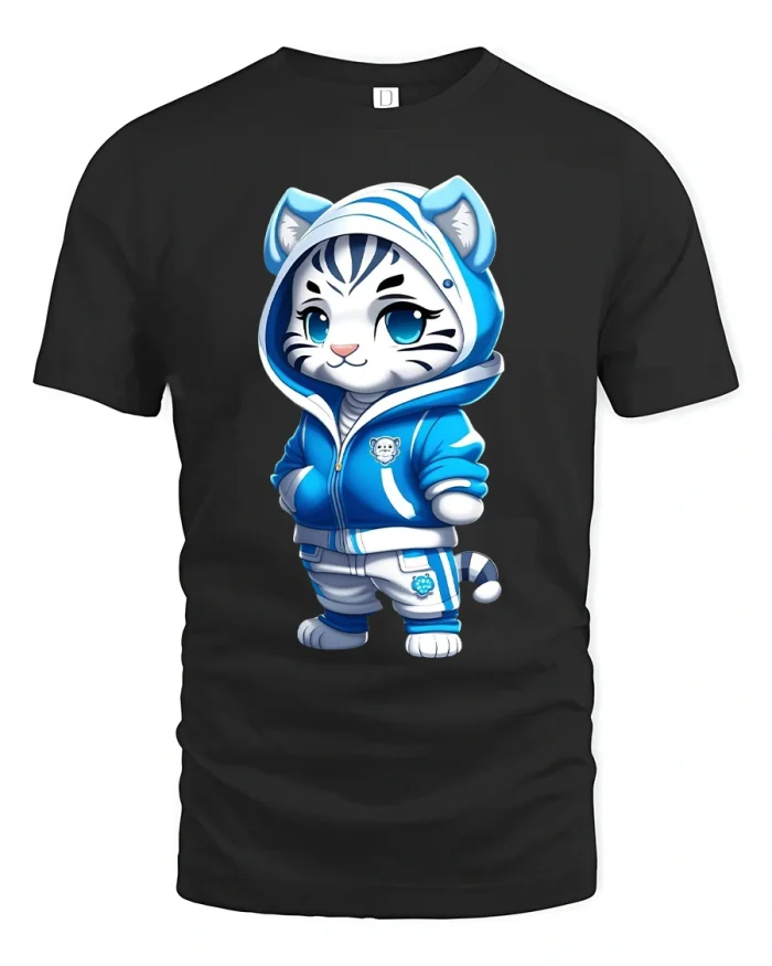 Cute Tiger Cat Hoodie Style Cartoon Graphic T Shirt Design - black t-shirt on white background