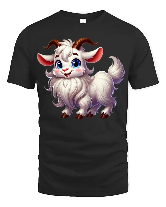 Cute Fluffy Goat Cartoon Graphic Tee Adorable Farm Animal Art - black t-shirt on white background