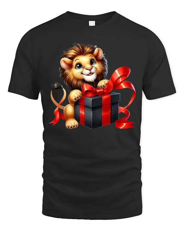 Cute Baby Lion Gift Box Cartoon Graphic Tee Adorable Art - black t-shirt on white background