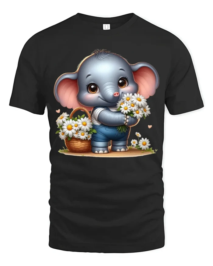 Cute Baby Elephant Flower Basket Graphic T Shirt Sweet Art - black t-shirt on white background