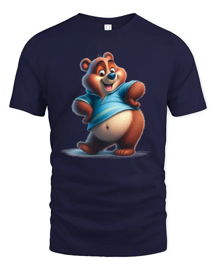 Funny Happy Dancing Bear Cartoon Graphic T Shirt Design - navy t-shirt on white background