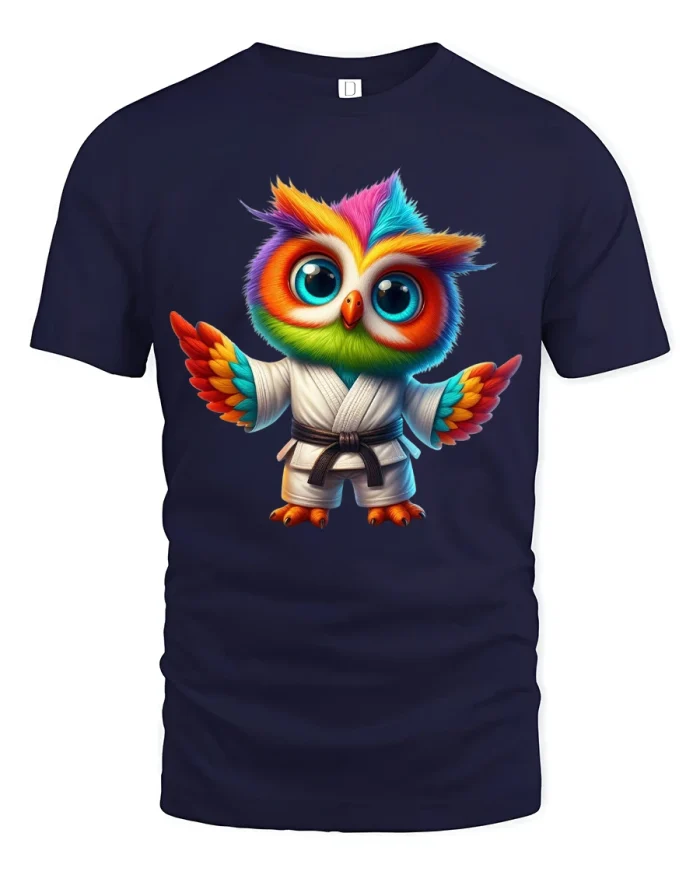 Colorful Karate Owl Cartoon Martial Arts Graphic T Shirt - navy t-shirt on white background