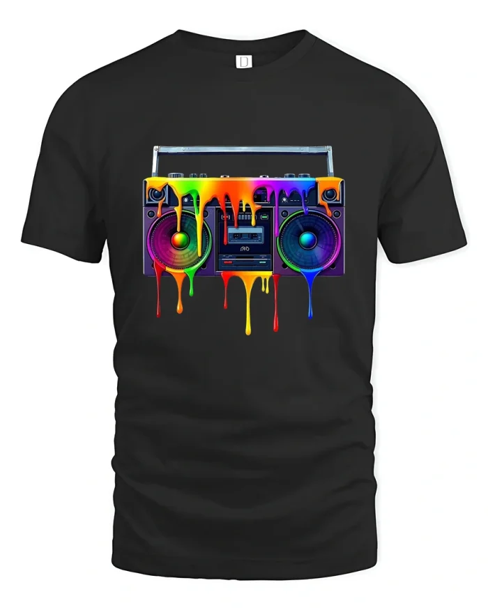 Colorful Retro Boombox Graphic Tee With Dripping Paint Music Vibe - black t-shirt on white background