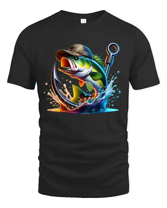 Colorful Bass Fishing Graphic Tee With Splash Art And Outdoor Energy - black t-shirt on white background