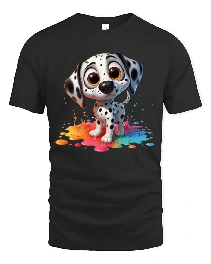Cute Dalmatian Puppy Cartoon Graphic Tee With Color Splash Art - black t-shirt on white background