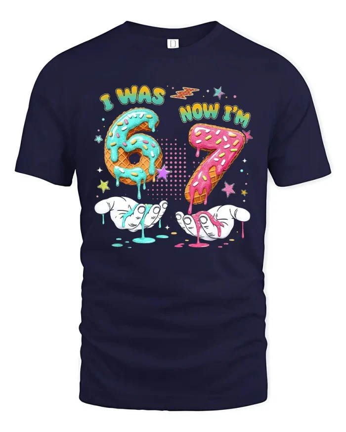 I Was Six Now Im Seven Funny Donut Numbers Birthday Graphic Tee - navy t-shirt on white background