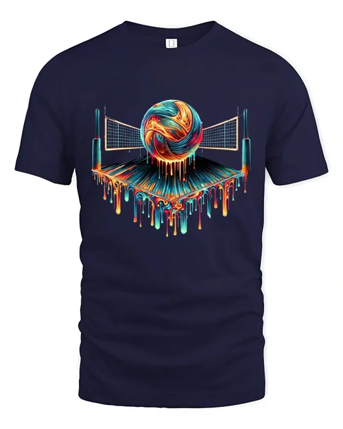 Colorful Volleyball Art Graphic Tee With Dripping Paint Court Design - navy t-shirt on white background
