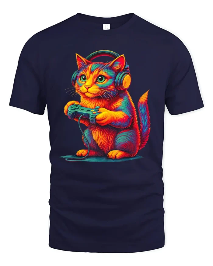 Colorful Gamer Cat Graphic Tee With Headphones And Controller Art - navy t-shirt on white background