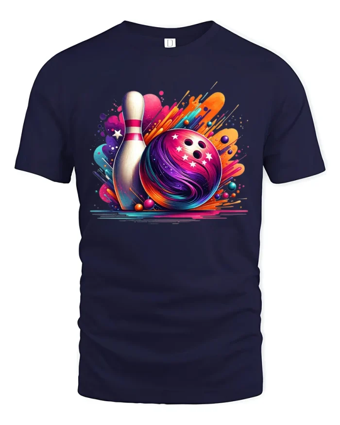 Colorful Bowling Ball Graphic Tee With Vibrant Splash Art Style - navy t-shirt on white background