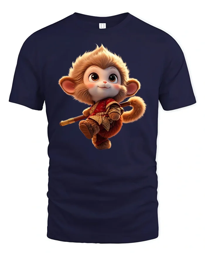Cute Warrior Monkey Cartoon Graphic Tee With Playful Fantasy Style - navy t-shirt on white background
