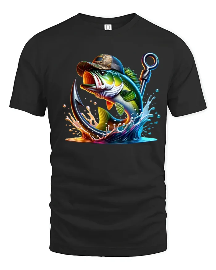 Dynamic Bass Fishing Graphic Tee With Splash Art And Bold Energy - black t-shirt on white background