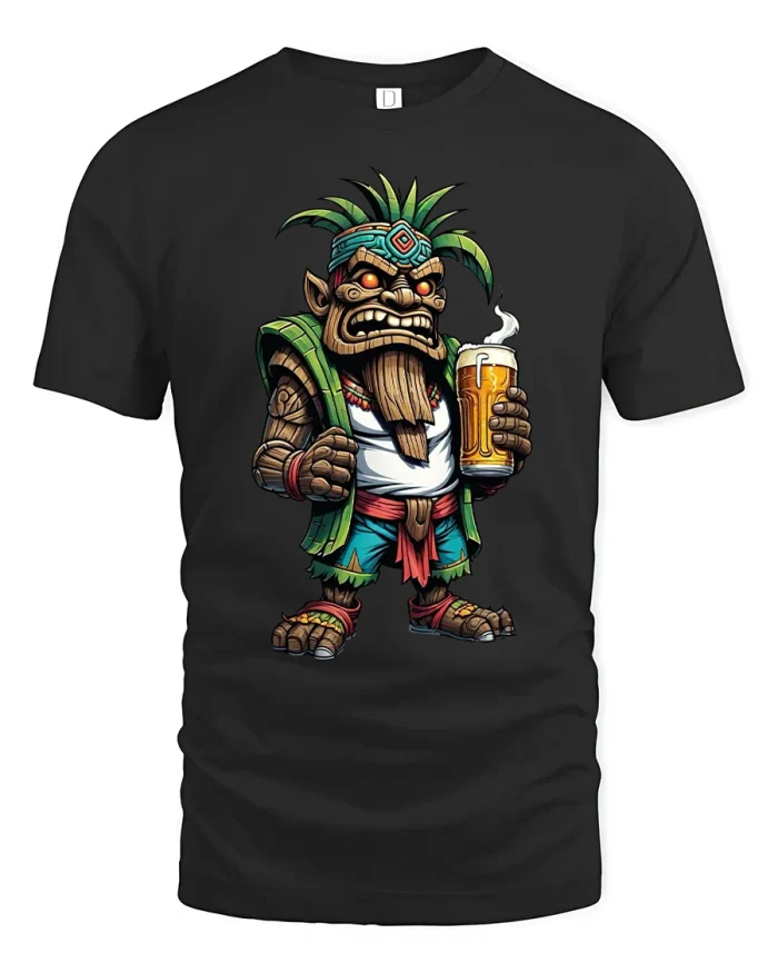 Funny Tiki Warrior Beer Graphic Tee With Tribal Cartoon Attitude - black t-shirt on white background
