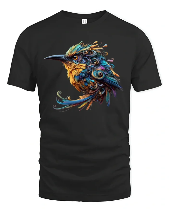 Colorful Artistic Bird Graphic Tee With Detailed Feather Swirl Art - black t-shirt on white background