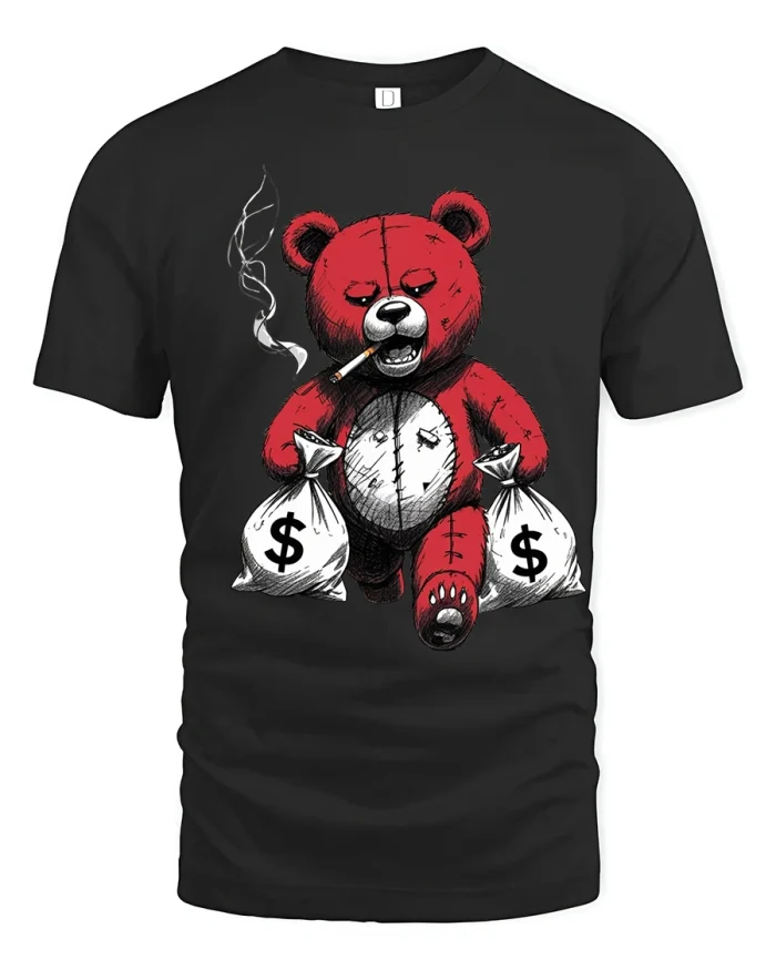 Edgy Money Bear Graphic Tee With Dark Humor Street Art Style - black t-shirt on white background