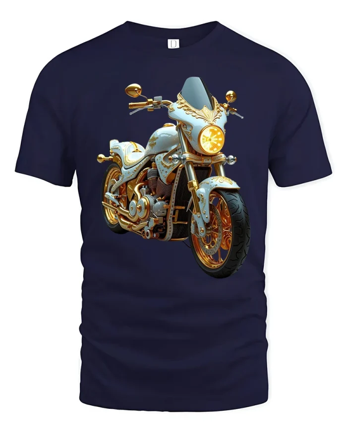 Luxury Gold Motorcycle Graphic Tee With Royal Custom Bike Art - navy t-shirt on white background