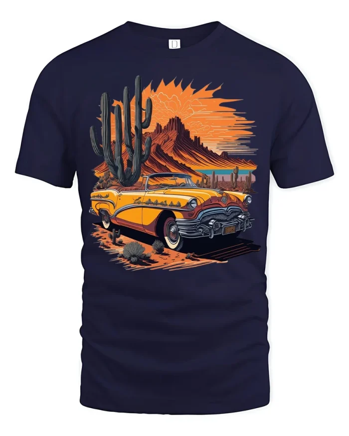 Vintage Desert Road Classic Car Graphic Tee With Retro Sunset Art - navy t-shirt on white background