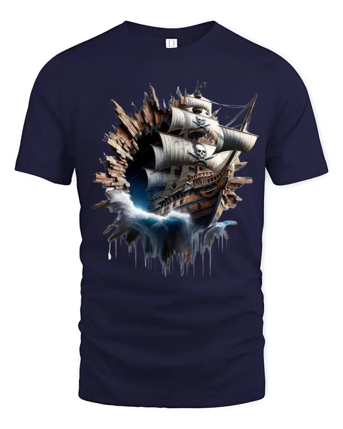 Epic Pirate Ship Graphic Tee With Dark Ocean Fantasy Art - navy t-shirt on white background