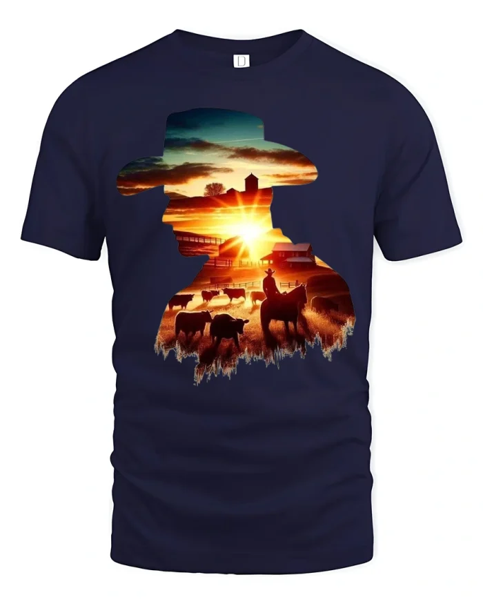 Western Cowboy Sunset Ranch Graphic Tee With Country Life Art - navy t-shirt on white background