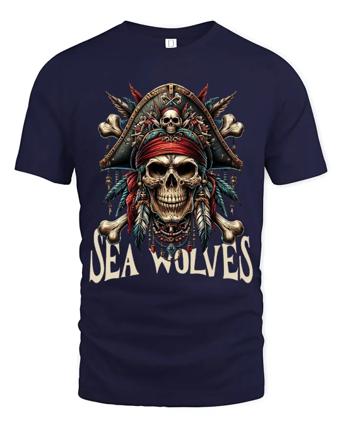 Sea Wolves Pirate Skull Graphic Tee With Bold Nautical Art - navy t-shirt on white background