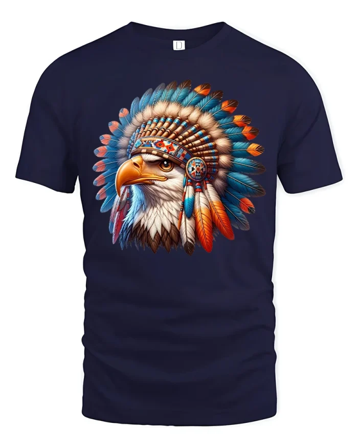 Majestic Eagle Headdress Graphic Tee With Bold Tribal Spirit - navy t-shirt on white background