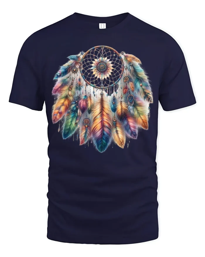 Colorful Dreamcatcher Feather Graphic Tee With Boho Spirit Art - navy t-shirt on white background