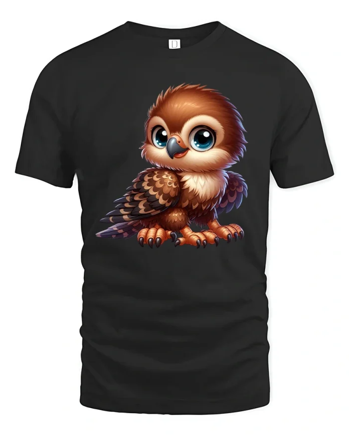 Cute Baby Owl Big Eyes Cartoon Art Graphic Tshirt Tee - black t-shirt on white background
