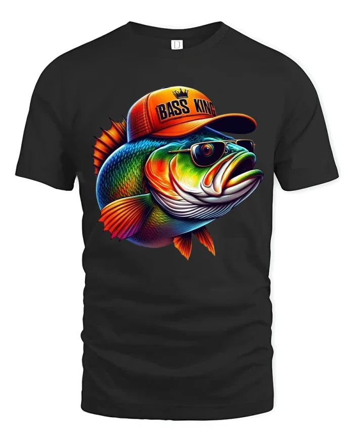 Colorful Bass King Fish Cartoon Art Graphic Tshirt Tee - black t-shirt on white background