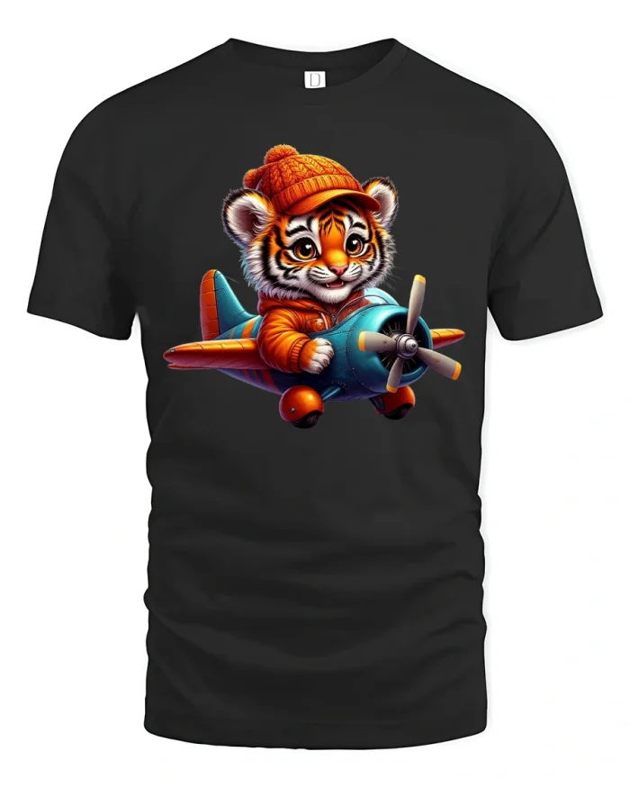 Cute Tiger Pilot Airplane Cartoon Art Graphic Tshirt Tee - black t-shirt on white background