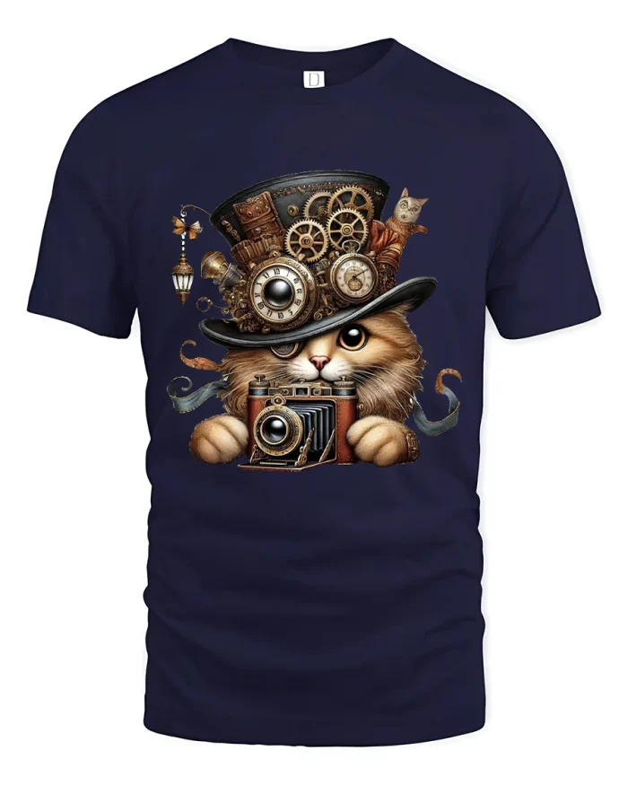 Steampunk Cat Photographer Vintage Art Graphic Tshirt Tee - navy t-shirt on white background