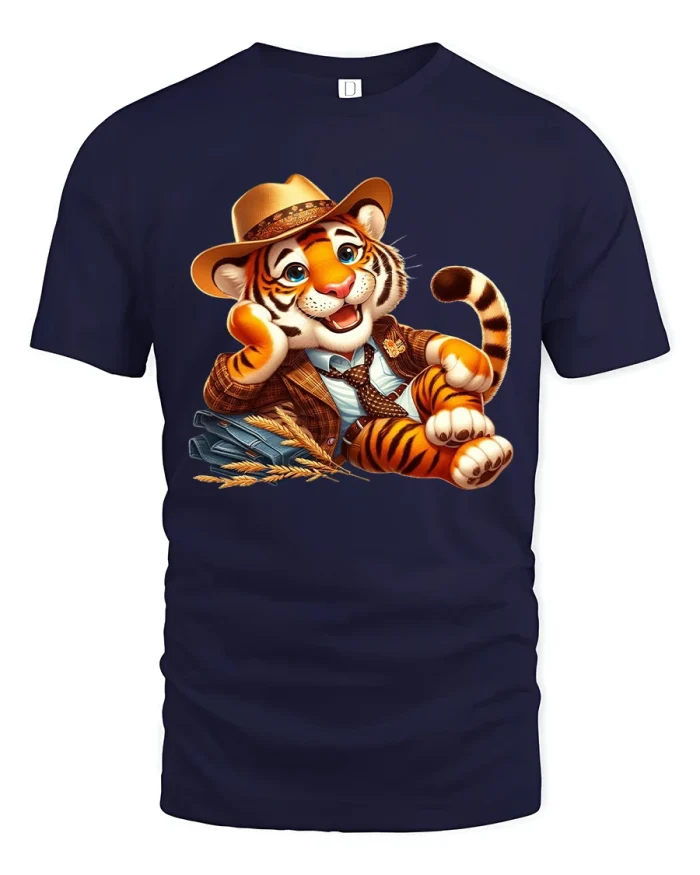 Classy Gentleman Tiger Cartoon Art Graphic Tshirt Tee - navy t-shirt on white background