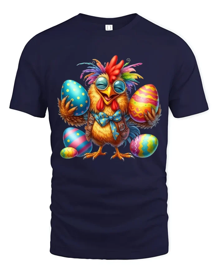 Funny Easter Chicken Colorful Eggs Cartoon Art Graphic Tshirt Tee - navy t-shirt on white background