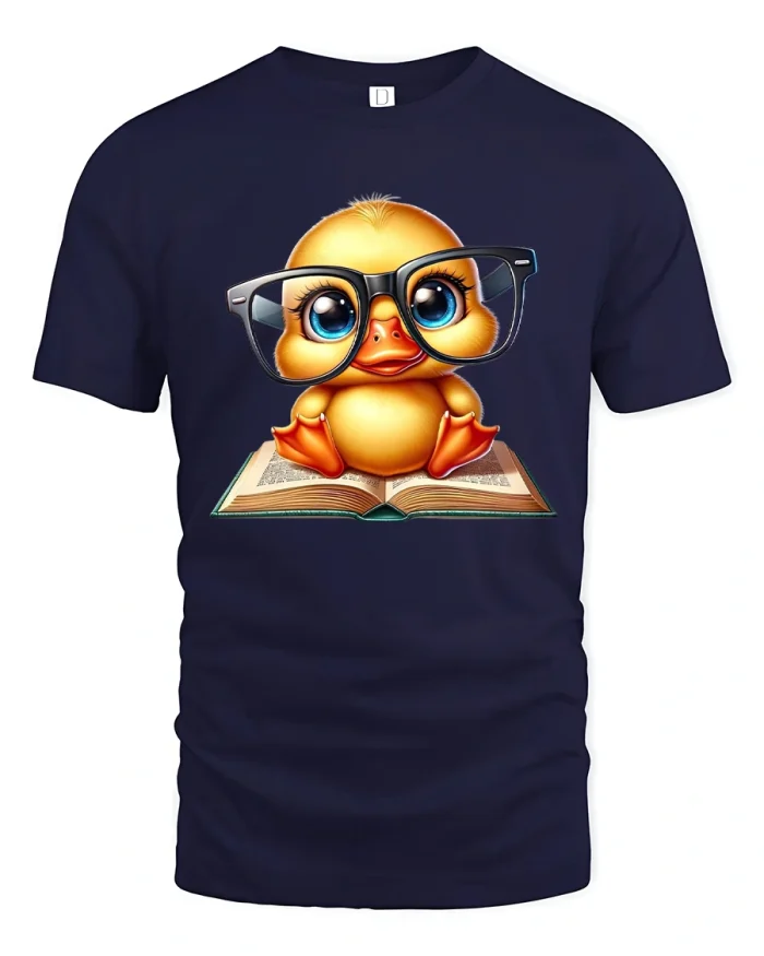 Cute Smart Duck With Glasses Reading Book Graphic Tshirt Tee - navy t-shirt on white background