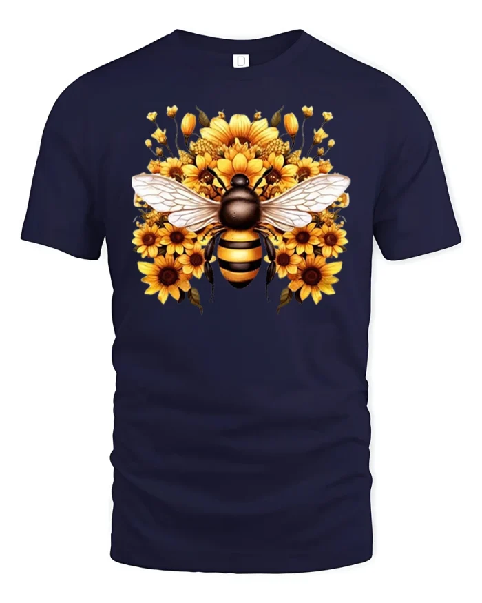 Elegant Honey Bee Sunflower Floral Art Graphic Tshirt Tee - navy t-shirt on white background
