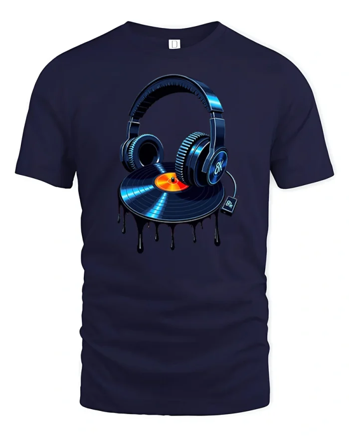 DJ Headphones Vinyl Record Music Art Graphic Tshirt Tee - navy t-shirt on white background