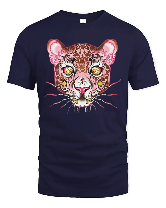 Neon Leopard Face Fierce Wild Art Graphic Tshirt Tee - navy t-shirt on white background