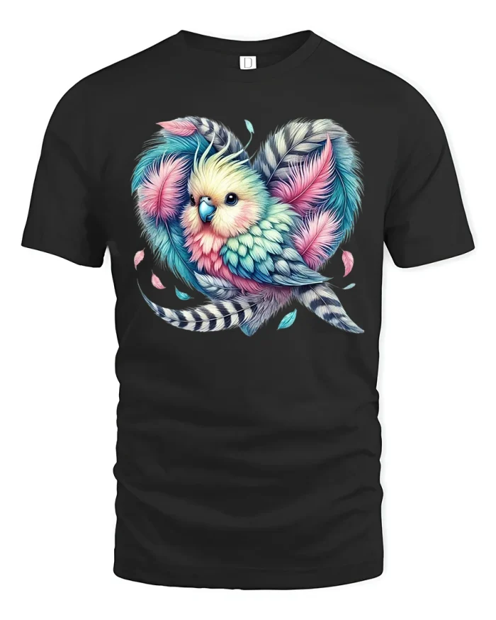Colorful Heart Feather Bird Artistic Love Style Graphic Tee - black t-shirt on white background