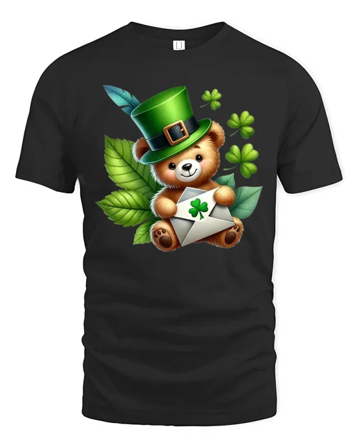 Cute St Patrick Bear Clover Letter Cartoon Graphic Tshirt Tee - black t-shirt on white background