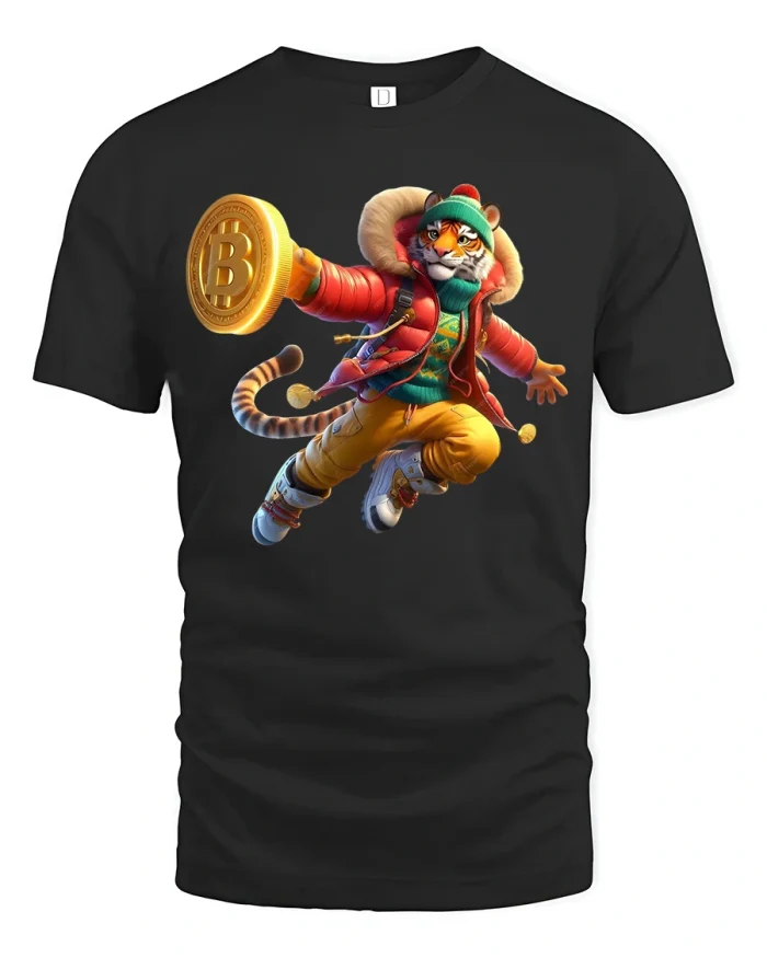 Cool Crypto Tiger Bitcoin Street Style Cartoon Graphic Tshirt - black t-shirt on white background